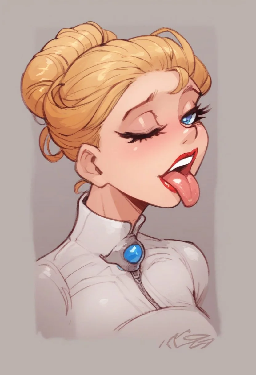 kamitora, fetish, kink, comic artwork,score_9, score_8_up, score_7_up, extremely detailed,
1woman, adult woman, age:35, portrait, blonde, athletic, in bed, mouth open wide, sticking tongue out, excited, eyes closed, ((blue eye shadow)), glossy red lipstick, shiny skin glistening, beautiful neck, messy bun, woman's suit,