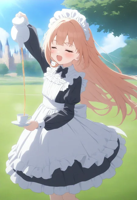 1girl,(sho \(sho lwlw\):0.7),(toosaka asagi:0.5),(sincos:0.3),
masterpiece,best quality, very aesthetic, absurdres,highres,4k,(ultra-detailed:1.4) (illustration:0.5), (ray tracing,:0.8),(anime colored:0.7),(ai-generated:0.5), (anime screencap:1.2),official art,
maid,maid headdress, maid apron,closed eyes, doyagao,
pouring,decantering, holding teapot, holding saucer, tea, standing, arm up,<lora:pouring_XL_v2:0.8>
from behind, upper body, looking ahead, brown hair, golden eyes, castle, open mouth, bow-shaped hair,,