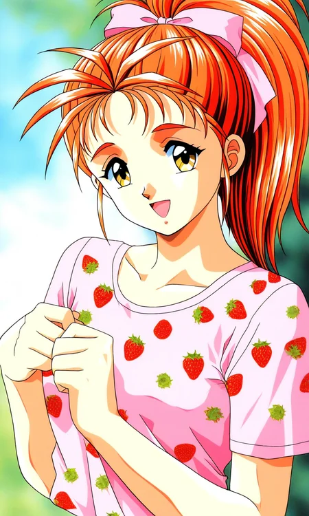 general,highres, ultra-detailed,very aesthetic,best quality ,best hands, BREAK <lora:Saotome_Yumi_Tokimeki_Memorial_IS:1>
Saotome_Yumi(Tokimeki_Memorial), 1girl, solo, Yellow eyes, orange hair, hair bow, high ponytail, long hair, small breasts,
open mouth, happy,
bow, shirt, single strawberry print shirt,
smile, looking at viewer, food print, t-shirt, short sleeves, upper body,