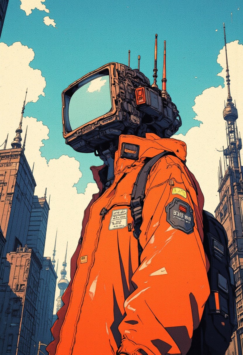 (((futuristic vibe)))
(front side view )The figure of a man with a ((small retro futuristic TV, (with two antennas on the sides))) instead of a head, dressed in a bright orange jacket and with a black backpack, stands against the background of the cityscape. Behind you can see old buildings with antennas, and the sky is decorated with white clouds, creating an atmosphere of a combination of retro and futurism