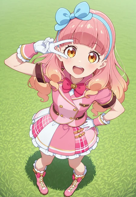 masterpiece,extremely detailed,best quality,amazing quality,newest,absurdres,highres, 1girl ,yuki_aine, gradient hair,pink hair,long hair,blue hair bow, blunt bangs, a1nelinkcoord, hairband, short sleeves,white gloves, boots, pink skirt,bowtie, pink_idol_uniform, pink jacket, pink skirt, :d, pigeon-toed, v_over_eye ,One hand on hip and the other making a V_over_eye, from above, BREAK On the meadow