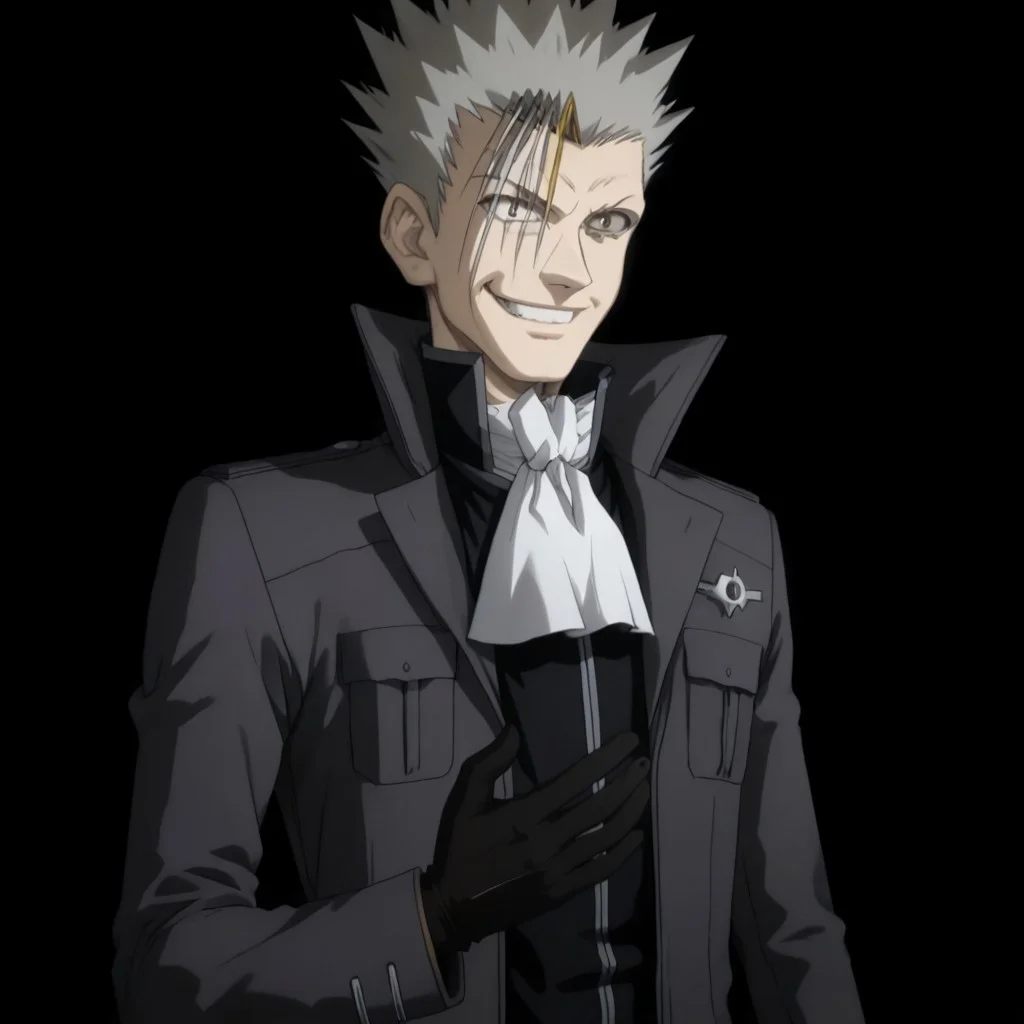 jacket, ascot, grey eyes, grey hair, smile, high collar, ((purple aura)), black background,, night, dark, black gloves, long sleeves, spiked hair, evil smile, 1male, solo, Monocle, grey eyes, five fingers, detailed eyes