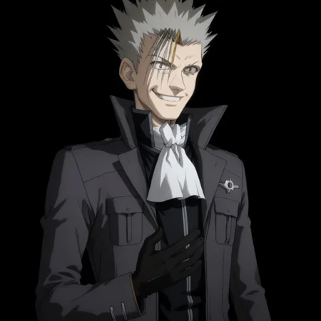 jacket, ascot, grey eyes, grey hair, smile, high collar, ((purple aura)), black background,, night, dark, black gloves, long sleeves, spiked hair, evil smile, 1male, solo, Monocle, grey eyes, five fingers, detailed eyes