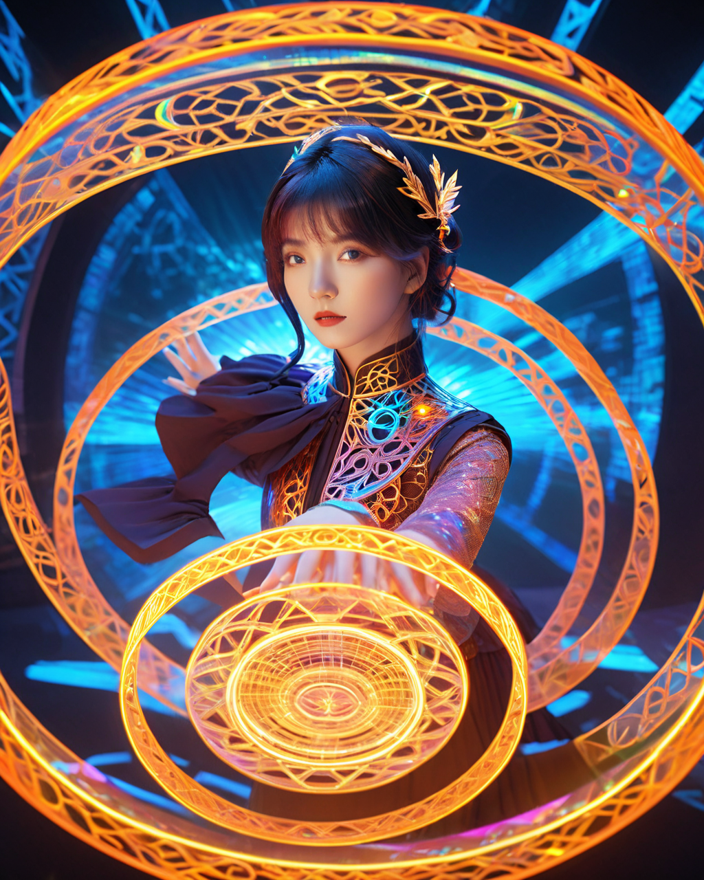 <lora:xl-holographic-å¨æ¯V20:0.7>,holographic,A messy halo,surrounded by a girl,the girl in the ring inside the hands spread out,driving the ring,holographic,1girl,solo,roman numeral,looking at viewer,short hair,Multiple magic arrays,The girl was surrounded by magic arrays,complex lace,cheongsam,the perfect hand,perfect face,holographic,The hologram virtual projects a blurry figure of a girl,magic circle,a blue and orange abstract background with circles and lines of light and shapes in the background,with a black background,roman numeral,hexagram,analog clock,glow,no humans,blue theme,hologram,magic,intricate glowing lace,city lights,neon lights,suspended magic ring,Multiple magic arrays,