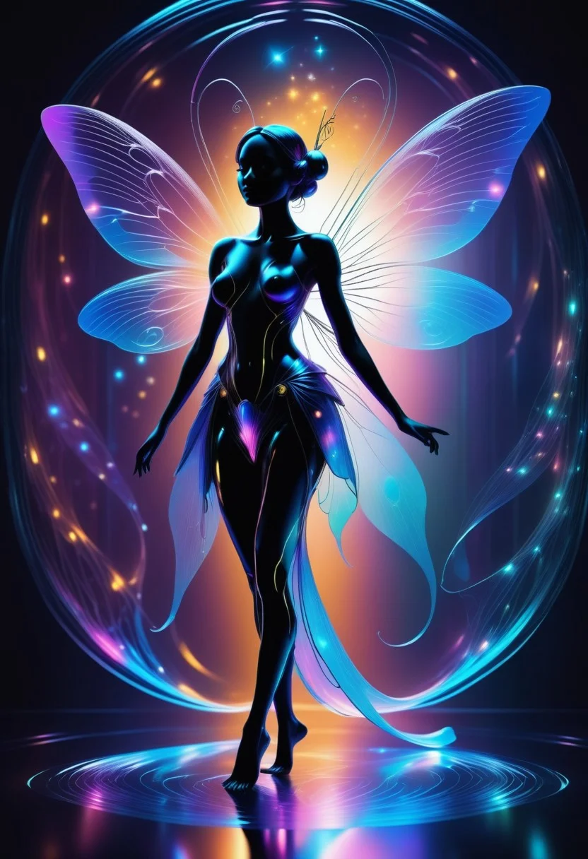 a silhouette of a fairy in a fairytale made out of Jed-CyFut , full of details , positive emotional