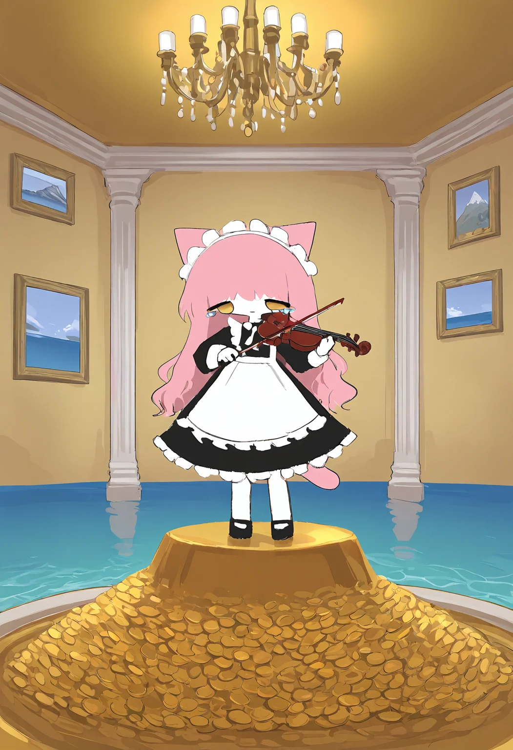 masterpiece, best quality, amazing quality, very aesthetic, absurdres, newest, 1girl,
<lora:cagelabyrinth_style_illustr-000010:1> cag3labyr1n7h, chibi, chibi girl, chibi only, sketch, no nose,
cat girl, animal ears, maid, oversized hat, pink hair, long hair,
gold pile, gold coins, golden room, chandelier, picture frames, mountain of gold, standing, yellow eyes, crying, tears, violin | playing violin | playing musical instrument, standing on top of mountain, standing on top of golden mountain, standing on top of mountain of gold, ((((ocean in room | water in room | sea in room)))),