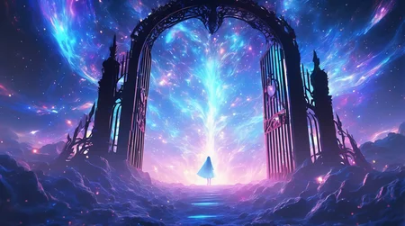 masterpiece, best quality, light particle, depth of field, field, scenery, fantasy, blue light, (far away:1.1), no humans, pastel colors, chromatic aberration abuse, glow in the dark, gate, image of unimaginable cosmic terror ripping apart space and time,