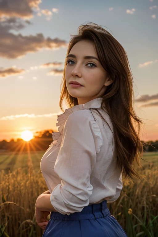 (RAW, analogue, Nikon Z 14mm ultra-wide angle lens, award-winning glamour photograph, ((best quality)), ((masterpiece)), ((realistic)), skin pores, subsurface scattering, radiant light rays, high-res, detailed facial features, high detail, sharp focus, smooth, aesthetic, extremely detailed, (extremely detailed eyes, extremely detailed iris), extremely detailed hair, extremely detailed skin, extremely detailed clothes, octane render, photorealistic, realistic, post-processing, max detail, realistic shadows, roughness, natural skin texture, real life, ultra-realistic, photorealism, photography, 8k UHD, photography, hdr, intricate, elegant, highly detailed, sharp focus, stunning, beautiful, gorgeous), (photorealistic), (realistic), c4ric3, chestnut hair, blue eyes, circlet, frilled shirt, skirt, knees, lips, nose, tall grass, farmland, hay bales, old fence, midwest, sunset, from below, looking afar, <lora:Carice_van_Houten_PMv1a_Lora:1.3>,