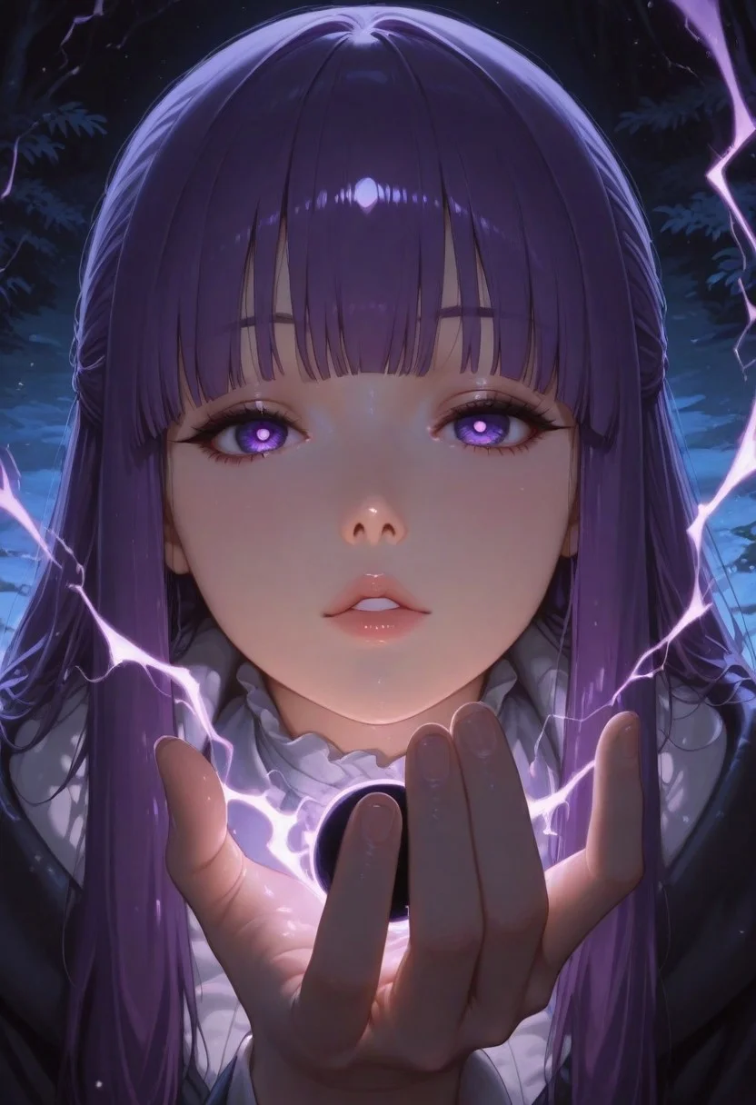 artist:Konya Karasue, masterpiece,amazing quality, Fern \(sousou no frieren\), purple eyes, purple hair, half updo, bangs, night, outdoor, magic, fire magic, lightning magic, multiple spells, mana, black hole in hand, holding black hole, shadow magic,
Ultra-realistic, beautiful eyes, capturing emotion, personality, flattering lighting, professional, perfect hands, engaging, compelling composition, detailed skin, ((detailed face)),
artist:moriimee, M4gicalL1nes