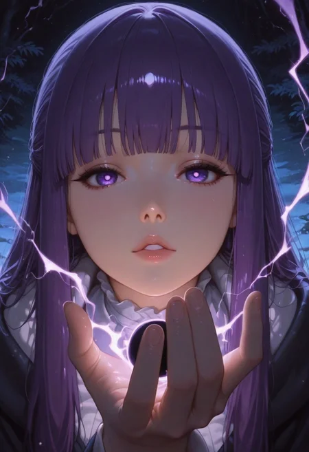 artist:Konya Karasue, masterpiece,amazing quality, Fern \(sousou no frieren\), purple eyes, purple hair, half updo, bangs, night, outdoor, magic, fire magic, lightning magic, multiple spells, mana,  black hole in hand, holding black hole, shadow magic,
Ultra-realistic, beautiful eyes, capturing emotion, personality, flattering lighting, professional, perfect hands, engaging, compelling composition, detailed skin, ((detailed face)),
artist:moriimee, M4gicalL1nes
