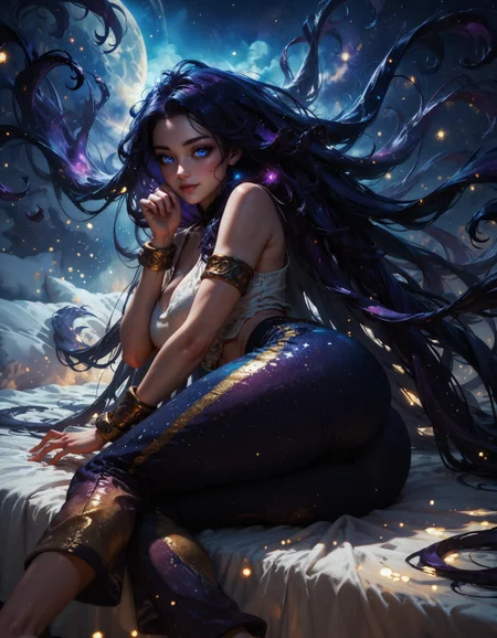 score_9, score_8_up, score_7_up, score_6_up, score_5_up, score_4_up,  concept art, epic, cinematic lighting, backlit, glowing, 1girl, in bed, sitting, lying on side, lying sideways, arm support, from behind, ass focus, ass, looking back, very long hair, (cosmic hair:1.3), blue eyes, cute smile, large round breasts, cosmic pants, long thick eyelashes, dark eyeshadow, cosmic pants, cosmic background, huge golden wristbands, jewelry, sparkles, (glowing particles:1.3), cute pose, (floating:1.2), velvet fabric, satin