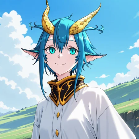 Skadi-Dragenfelt, Dragonoid, 1girl, solo, smile, blue eyes, blue hair, outdoors, horns, sky, day, pointy ears, cloud, blue sky, dragon horns, dragon girl, general
