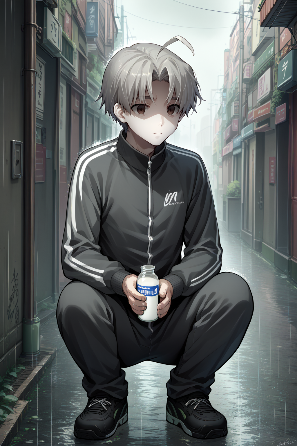 score_9, score_8_up, score_7_up, BREAK solo, 1boy, <lora:NSHisaoKatawa:1> NSHisaoKatawa, brown eyes, short hair, ahoge, grey hair, tracksuit, squatting, milk bottles, alleyway, shaded face, expressionless face, dim, raining, grayscale