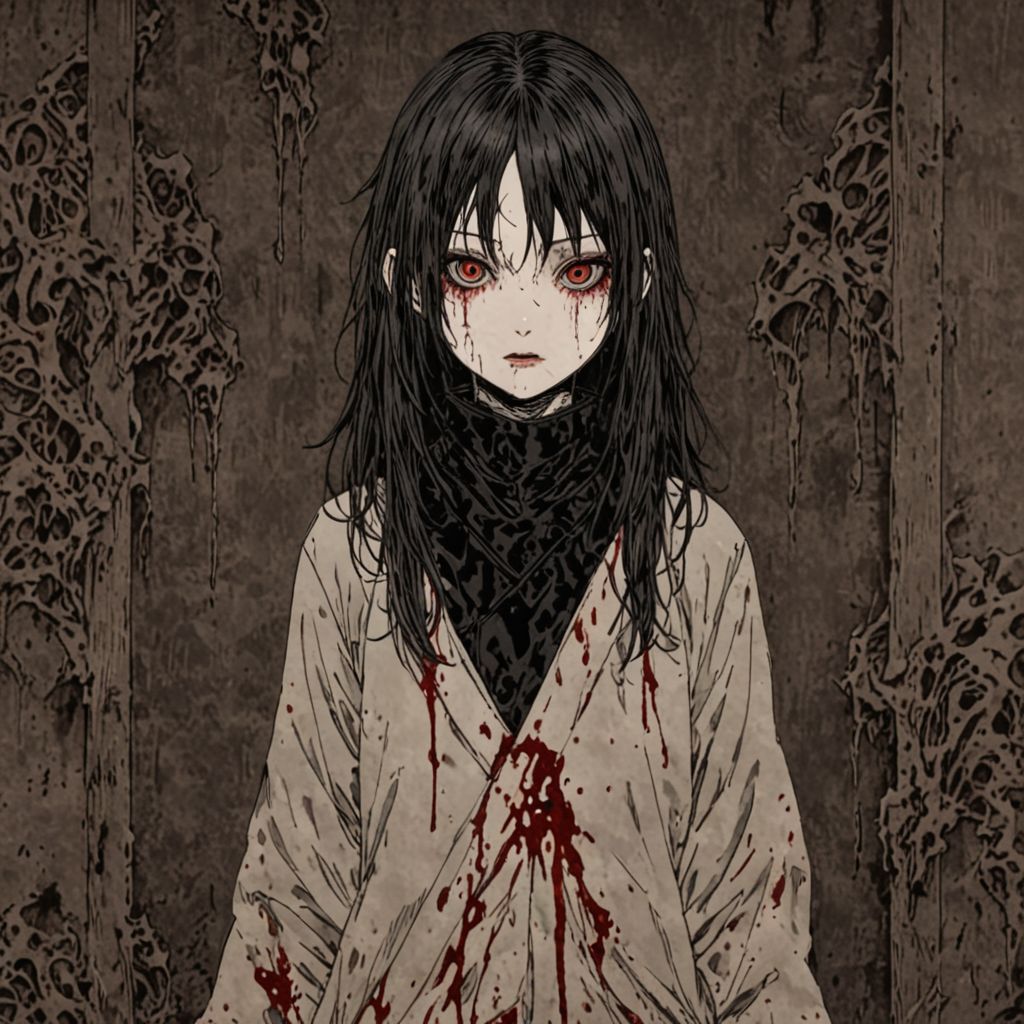 japanese line art    , goth girl, bloody, dark lighting, horror vibes, bedroom background,  weathered canvas and brushstroke, highly detailed, high definition,