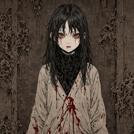 japanese line art , goth girl, bloody, dark lighting, horror vibes, bedroom background, weathered canvas and brushstroke, highly detailed, high definition,