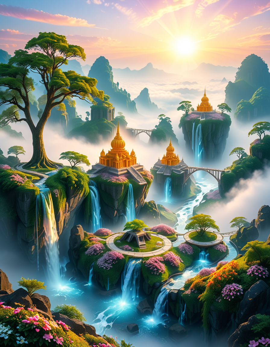 A mesmerizing celestial background featuring an otherworldly paradise. Towering crystalline mountains with peaks that glow softly under a sky painted in shifting hues of iridescent blues, pinks, and golds. Rivers of liquid light flow through vast, open meadows filled with luminescent flowers that pulse with a gentle glow. Gigantic, translucent trees with silver leaves sway in a breeze that carries floating particles of golden dust. Suspended bridges made of shimmering energy connect ancient, floating monoliths engraved with intricate celestial patterns. In the distance, an enormous radiant waterfall cascades into a bottomless, mist-covered abyss, reflecting the surrounding ethereal glow. A tranquil atmosphere, untouched and divine, filled with an overwhelming sense of wonder and serenity.
<lora:SDXLFaeTastic2400:0.4> <lora:extremely_detailed:0.4> extremely detailed, <lora:heavenly_l4ndsc4p3:1>,heavenly l4ndsc4p3, Masterpiece,best quality,hi res,8k,hi res,8k,award winning,(sharp focus, intricate, highly detailed),