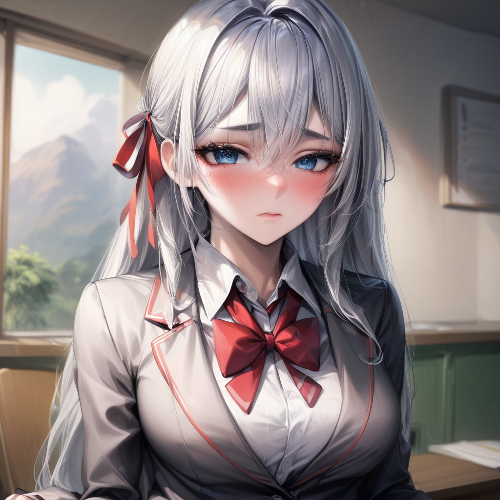 AlisaMikhailovna, 4k, absurd, high resolution, very high resolution, high definition, masterpiece, 1girl, solo, long hair, looking at viewer, blush, blue eyes, shirt, bow, ribbon, hair between eyes, closed mouth, school uniform, jacket, hair ribbon, white shirt, upper body, ahoge, grey hair, collared shirt, indoors, bowtie, red bow, red ribbon, v-shaped eyebrows, frown, blazer, red bowtie