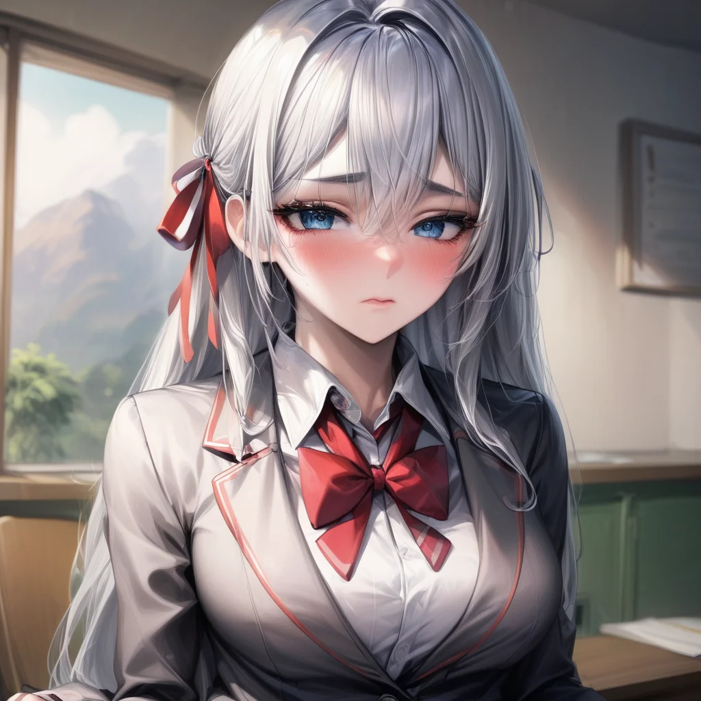 AlisaMikhailovna, 4k, absurd, high resolution, very high resolution, high definition, masterpiece, 1girl, solo, long hair, looking at viewer, blush, blue eyes, shirt, bow, ribbon, hair between eyes, closed mouth, school uniform, jacket, hair ribbon, white shirt, upper body, ahoge, grey hair, collared shirt, indoors, bowtie, red bow, red ribbon, v-shaped eyebrows, frown, blazer, red bowtie