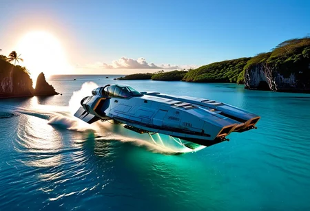 photograph, smooth, sleek, battle (WipEout anti-gravity craft), (split-front:1.3), landing in the waters of a lagoon, tropical island, blue sky, sunset, sharp, high detailed, realistic, scifi, futuristic, science fiction, sharp focus, masterpiece, best quality