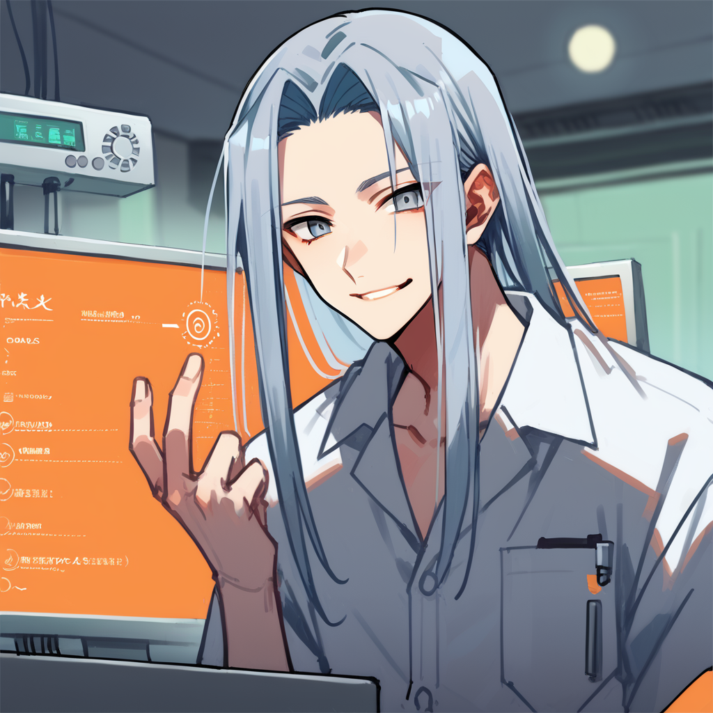shin natsume, tenjo tenge, ah1, 1boy, long hair, gray hair, parted bangs, score_9, score_8_up, score_7_up, score_6_up, source_anime, white shirt,<lora:Shin_Natsume_from_Tenjo_Tenge:0.8>, (Posing with an ominous, handgun), (Moon Base, Laboratory, research equipment, sample storage, microscopes, workstations, lunar soil and rock samples, computers for data analysis), grey eyes, smiling,