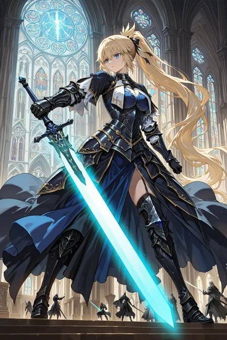 1girl,
(crystal armor:1.2100000000000002), blonde hair, blue eyes, long hair, ponytail, black dress, white sleeves, red ribbon, black gloves, black boots, holding sword, glowing sword, blue glow, gothic architecture, stained glass window, cathedral, dynamic pose, action, hair ribbon, sword, gloves, ribbon, glowing, holding weapon, dress, weapon, armor, indoors, spire, glowing weapon, black ribbon, boots, blue dress, holding, battle, two-tone sleeves, architecture, solo focus,
View from the side. A girl named Jeanne D'Arc from Fate/Grand Order is standing in front of a large stained glass window in a church with her arms outstretched and holding a glowing sword in her hand. She is wearing a blue dress and has long blonde hair. The girl is looking to the side and her face is not visible. In the background there are several other people standing around the main character. Some of them are also holding swords. The scene takes place during daytime with sunlight streaming in through the window behind the characters.
<lora:hina_MixArmor_x215c:0.7>