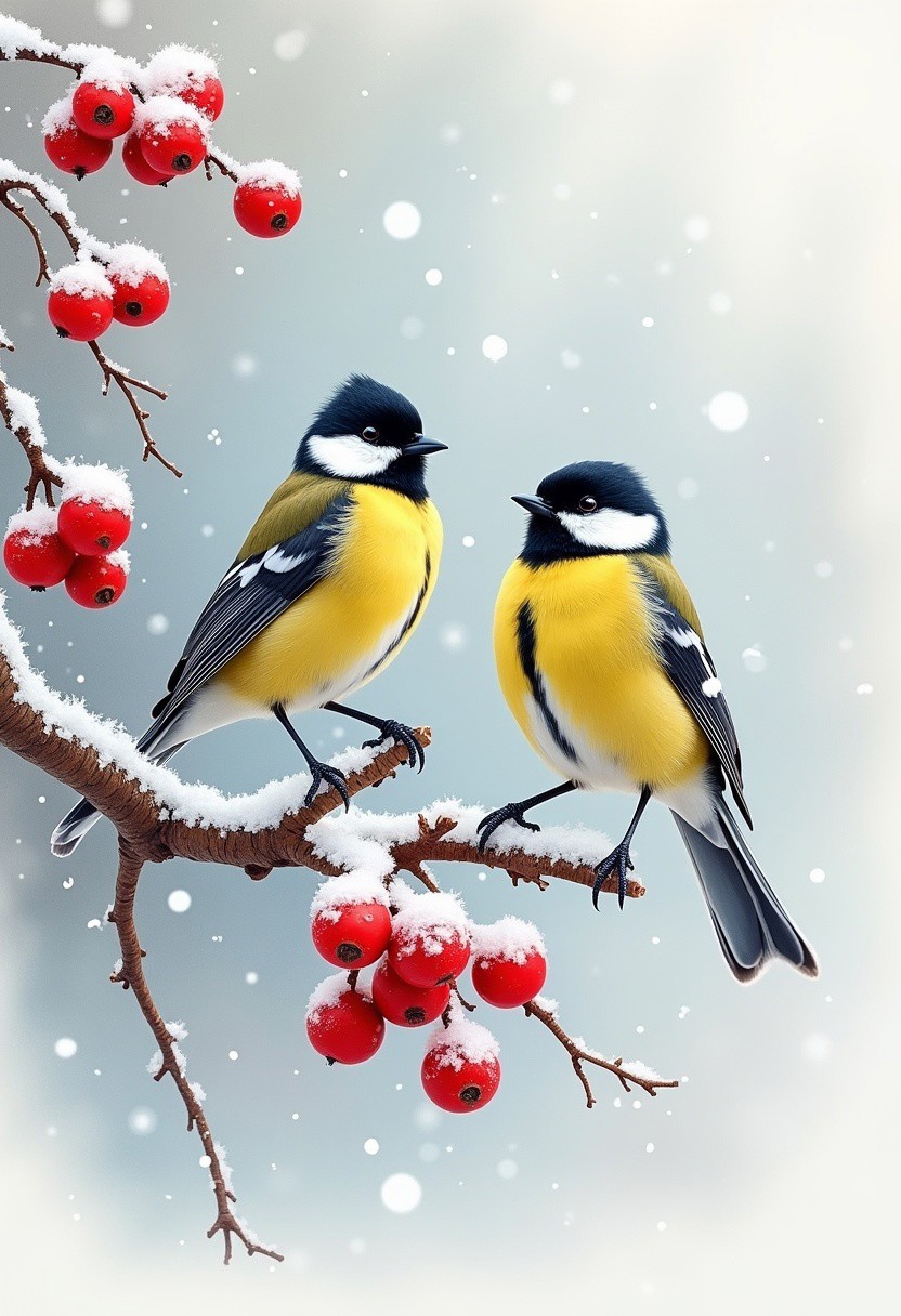 The image depicts a pair of great tits perched on a snowy branch laden with bright red berries. The birds, with their striking black caps, yellow bodies, and white wing bars, stand out against the wintery backdrop. The artist has captured the delicate details of the snow-covered berries and the birds' fluffy feathers, creating a sense of tranquility and beauty in the midst of the cold season.