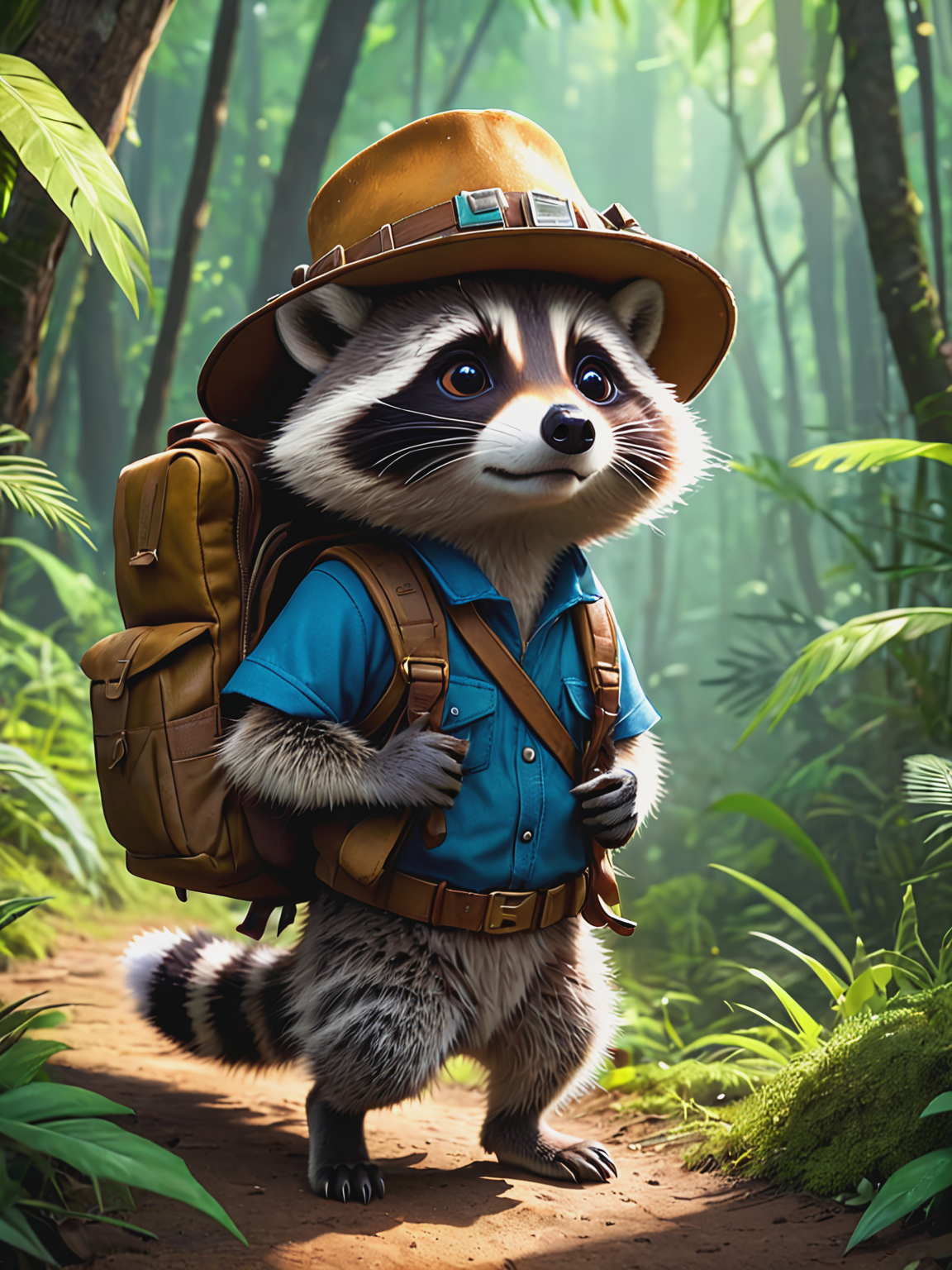 adventurous cute funny raccoon, donned a tiny explorer's hat and carried a mini backpack, walk in wild colorfully jungle, detailed fur, oversaturated, by Jean-Baptiste Monge, Gilles Beloeil, Tyler Edlin, Marek Okon, Pixar, 8k, album art, comic style, golden ratio, perfect composition, a masterpiece, trending on artstation, extreme close up, shoot from below . High dynamic range, vivid, rich details, clear shadows and highlights, realistic, intense, enhanced contrast, highly detailed,
