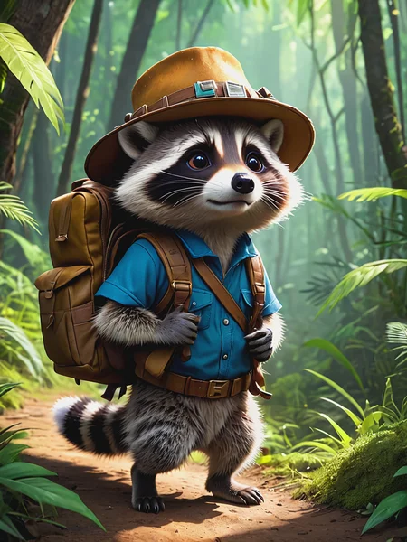 adventurous cute funny raccoon, donned a tiny explorer's hat and carried a mini backpack, walk in wild colorfully jungle, detailed fur, oversaturated, by Jean-Baptiste Monge, Gilles Beloeil, Tyler Edlin, Marek Okon, Pixar, 8k, album art, comic style, golden ratio, perfect composition, a masterpiece, trending on artstation, extreme close up, shoot from below . High dynamic range, vivid, rich details, clear shadows and highlights, realistic, intense, enhanced contrast, highly detailed,