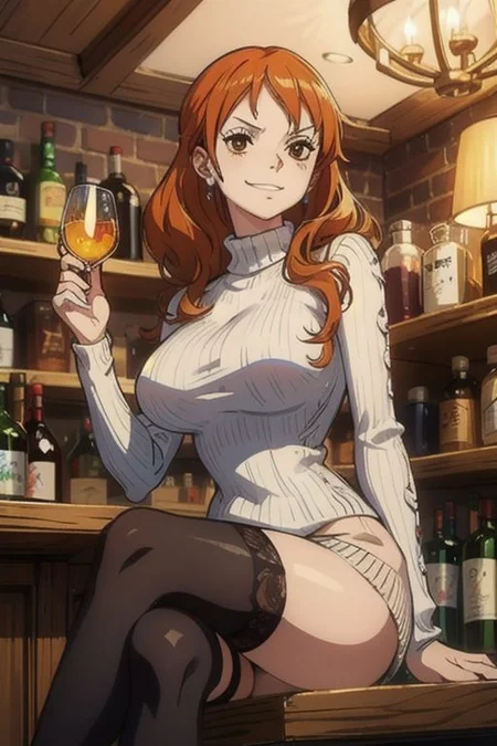 (masterpiece:1.3), (best quality:1.3), illustration, 8k, highres, intricate detailed, highly detailed, detailed background, depth of field, (MILF:1.3), 1 girl, nami,solo,
mature female,
(smirk:1.2), large breasts, sexy body, turtle neck sweater, black tight skirt, lace trim thighhighs, looking at viewer, sitting, crossed legs, indoors, bar, counter, liquor shelf, chandelier, rim light,sam yang