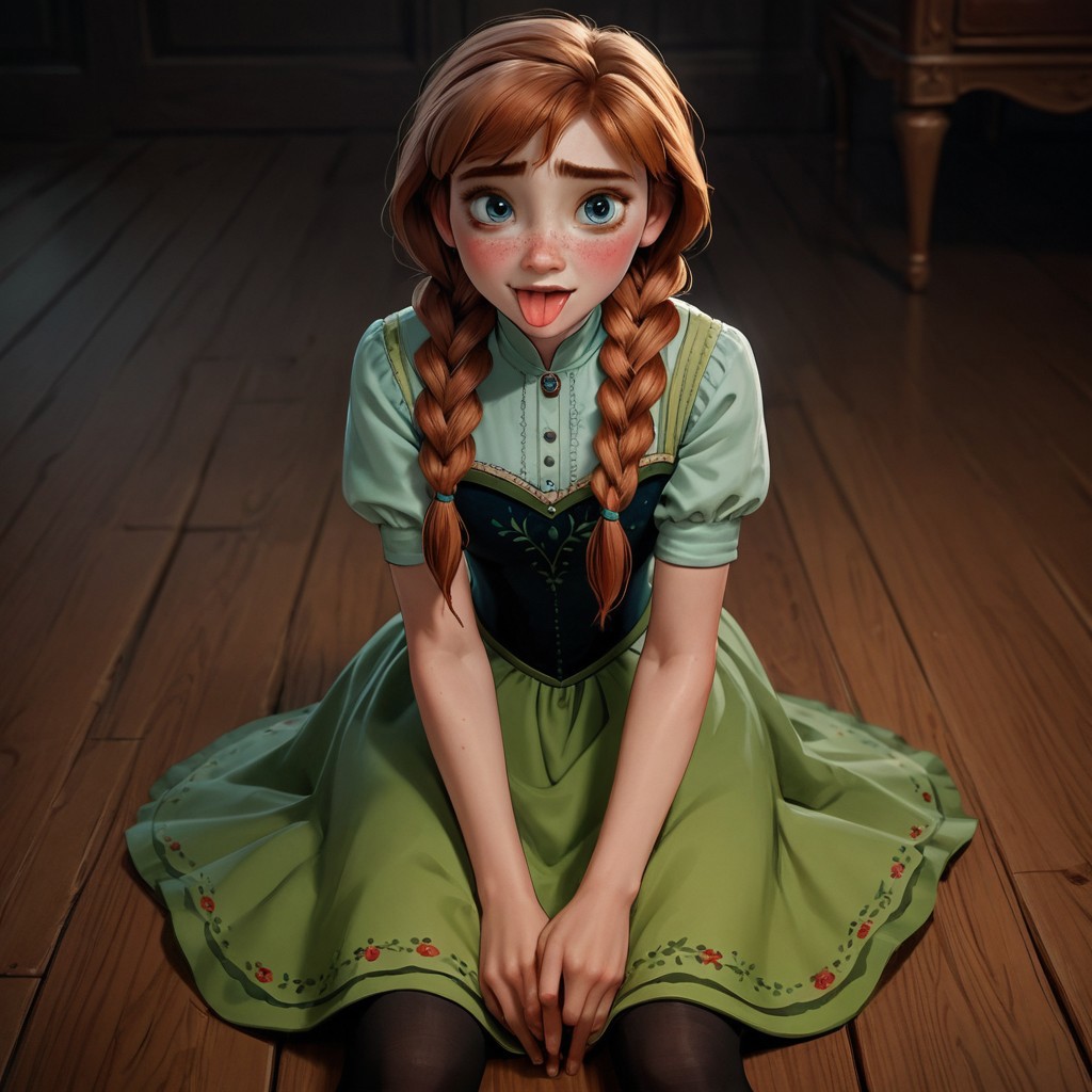 score_9, score_8_up, score_7_up, score_6_up, score_5_up, score_4_up, Anna, freckles, red hair, blushing, twin braids, sitting on the floor, dress, sticking tongue out