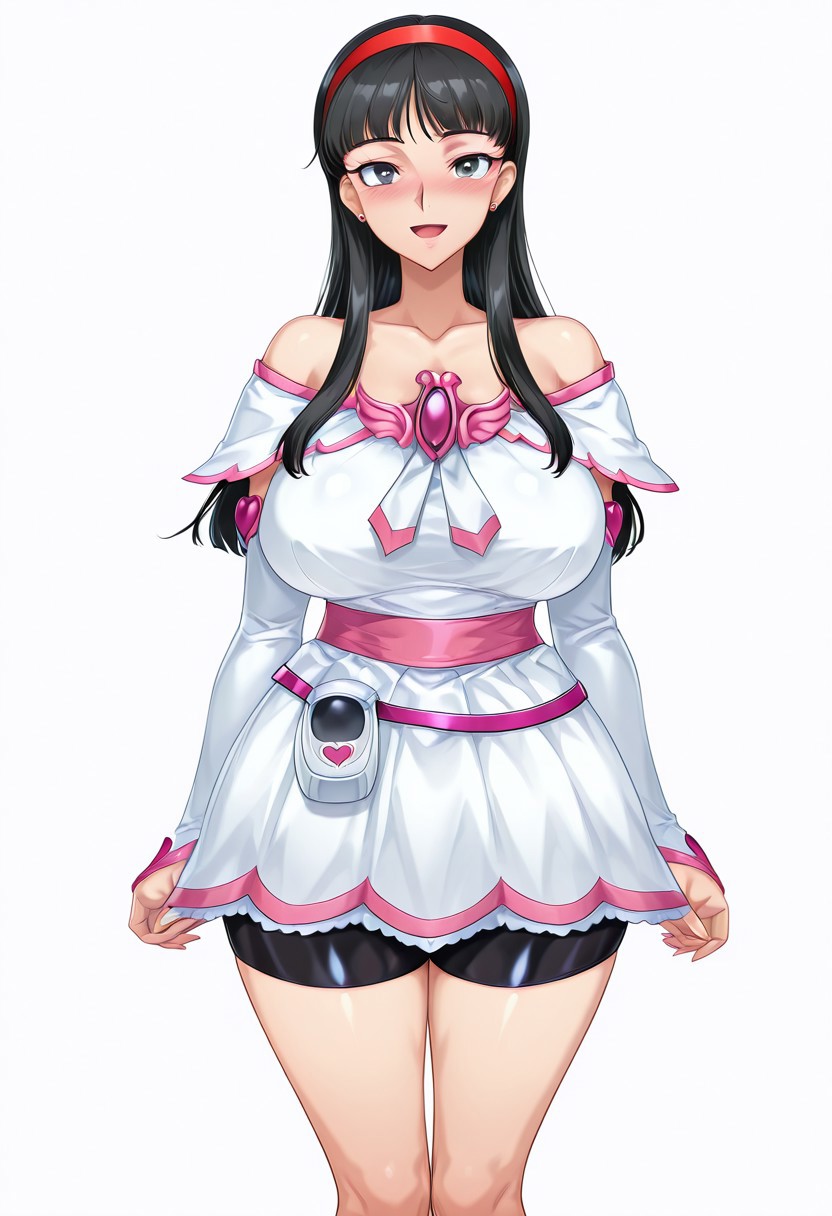 score_9,score_8_up,score_7_up,source_anime,5_figner,2d_animation,game cg,BREKE,1girl,solo,
p4amagi, Amagi Yukiko, long hair, black hair, bangs, 
jewelry,white dress,shorts under dress,cosplay,brooch,bike shorts,collarbone,magical girl,heart brooch,heart,bare shoulders,detached sleeves,cure white,
smile,blush,openmouth,
cowboyshot,standing,
looking at viewer,front view,
huge breasts,thick hips,thick thighs,thick waist,disproportionate breasts,
curves,glamour,
simple background,white background,
masterpiece,best qualit,ultra-detailed,illustration,an extremely delicate and beautiful,beautiful detailed eyes,unity 8k wallpaper,high resolution,anime CG,official_art,Erotic_style, uncensored, anime_coloring, anime_screencap,