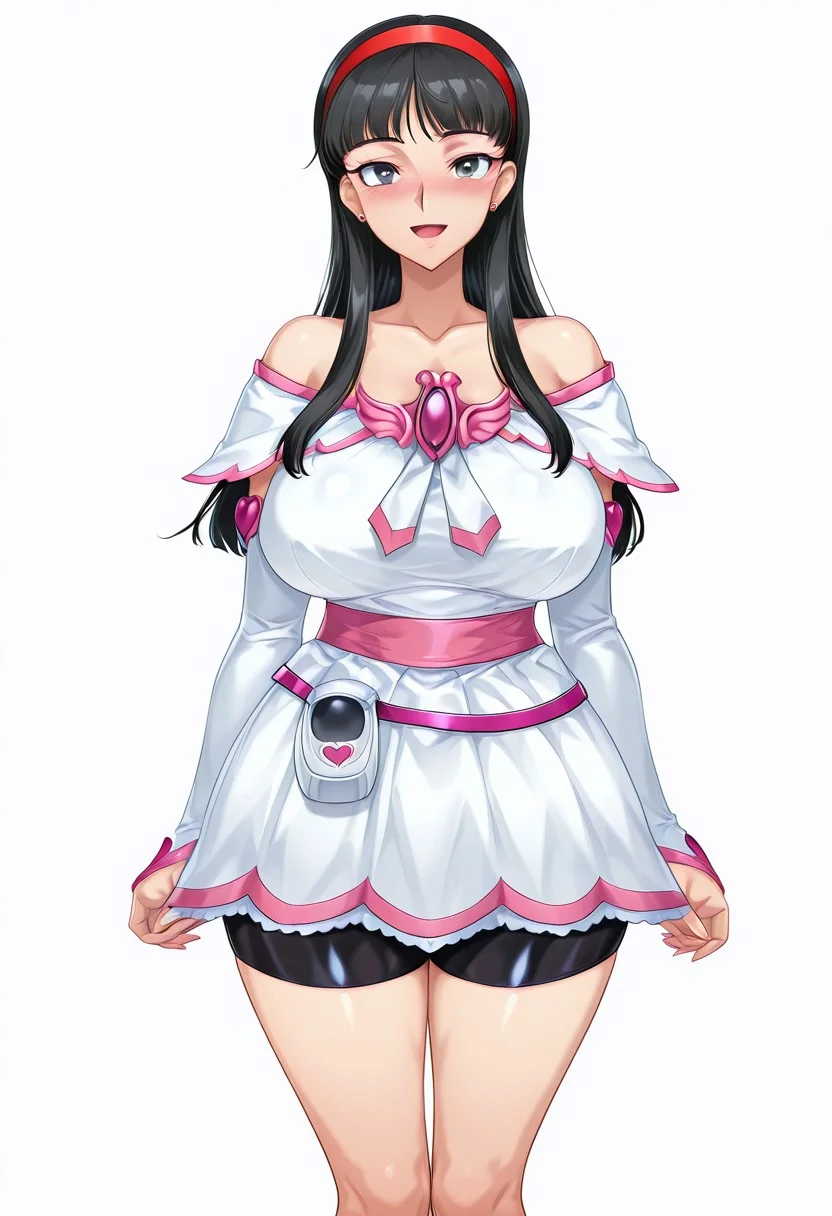 score_9,score_8_up,score_7_up,source_anime,5_figner,2d_animation,game cg,BREKE,1girl,solo,
p4amagi, Amagi Yukiko, long hair, black hair, bangs,
jewelry,white dress,shorts under dress,cosplay,brooch,bike shorts,collarbone,magical girl,heart brooch,heart,bare shoulders,detached sleeves,cure white,
smile,blush,openmouth,
cowboyshot,standing,
looking at viewer,front view,
huge breasts,thick hips,thick thighs,thick waist,disproportionate breasts,
curves,glamour,
simple background,white background,
masterpiece,best qualit,ultra-detailed,illustration,an extremely delicate and beautiful,beautiful detailed eyes,unity 8k wallpaper,high resolution,anime CG,official_art,Erotic_style, uncensored, anime_coloring, anime_screencap,