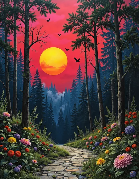 nmskyrim, Bright design, highly detailed, Still Life, (Gray theme:0.7) , As the sun begins to set, a forest comes alive with the sounds of birds singing and leaves rustling in the gentle breeze. The trees are made of lush green grass, and the air is filled with the sweet scent of blooming flowers. Embroidery, pixiv