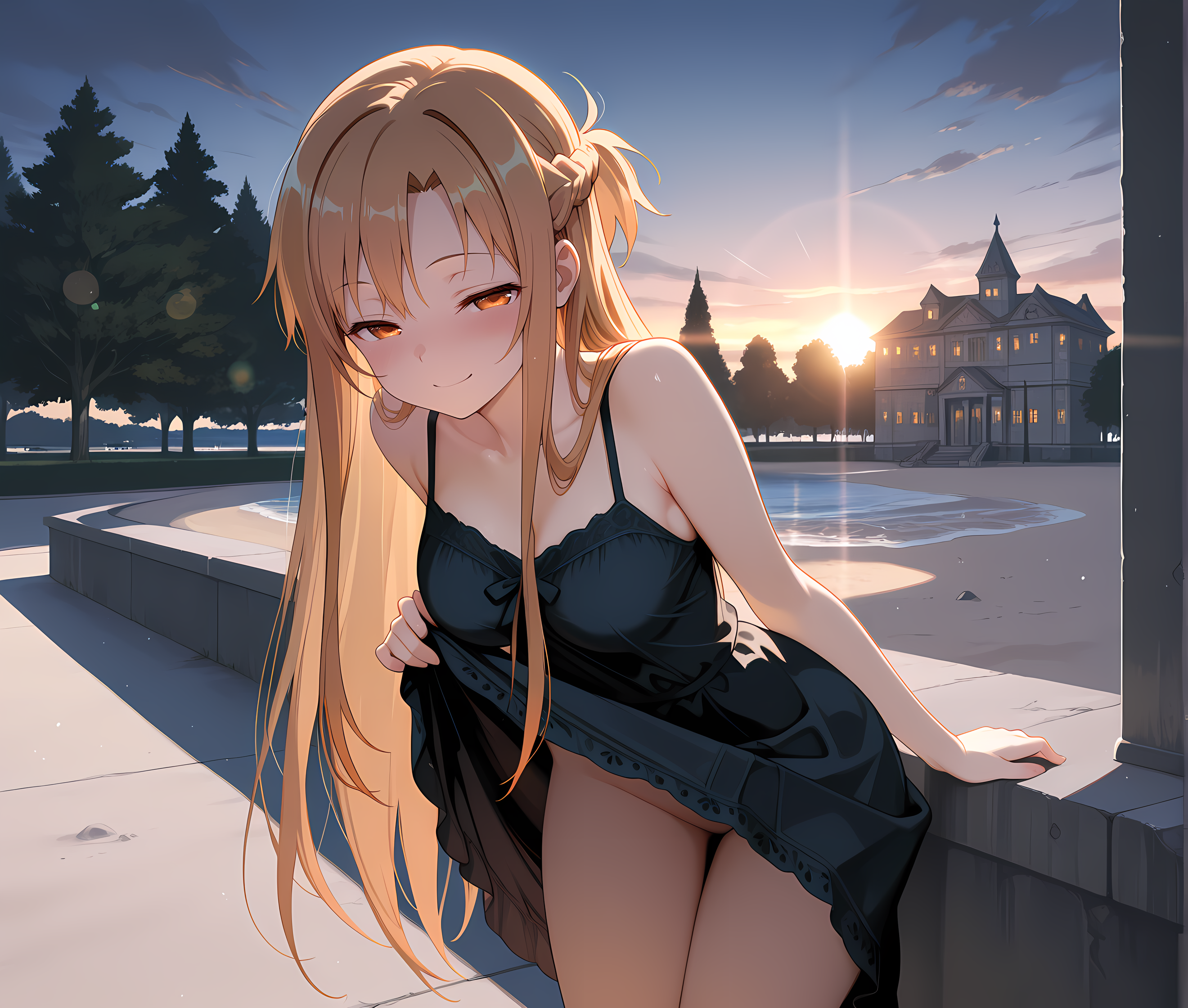 <lora:Teasing__Seduction_Augment_LoRA:1>,looking at viewer,solo,asuna \(sao\),seductive smile,blush,sunrise,mansion,cowboy shot,breasts,black sundress,concrete,ledge,park,glass,beach,outdoors,tree,atmospheric perspective,cinematic lighting,surreal,lens flare,leaning forward,half-closed eyes,no panties,clothes lift,skirt lift,, masterpiece,best quality,amazing quality, very aesthetic, absurdres,detailed eyes,ultra-detailed,