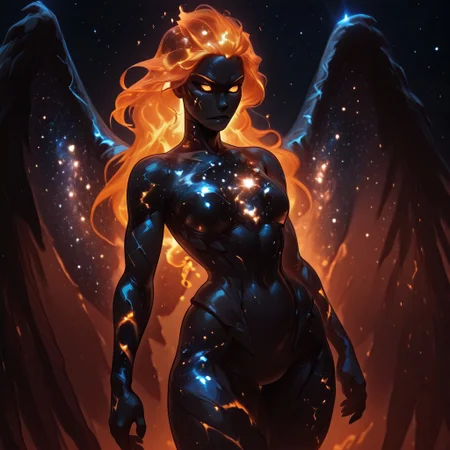 masterpiece, amazing quality, best quality, ultra-detailed, 8K, ultra-detailed-eyes, newest, highres, absurdres, volumetric lighting, raytracing, soft lighting, bloom effect, glow, shining, intricate cinematic background, <lora:SpaceGoddess:1> sp4ce-g0dd3ss, <lora:Glowing_Hair:1> h41rgl0w, glowing hair, orange hair, (dynamic pose, dynamic angle), large wings,
constellations, light, darkness, shadow, ice, silhouette, 1girl, solo, serious , orange aura, nebula, space, stars, black armor, black skin, glowing veins, <lora:The_Alphabet_Style_-_Illustrious:1> th3-4lph4b3t-t4g, <lora:reij-rt:1> <lora:spo_sdxl_10ep_4k-data_lora_webui:1>