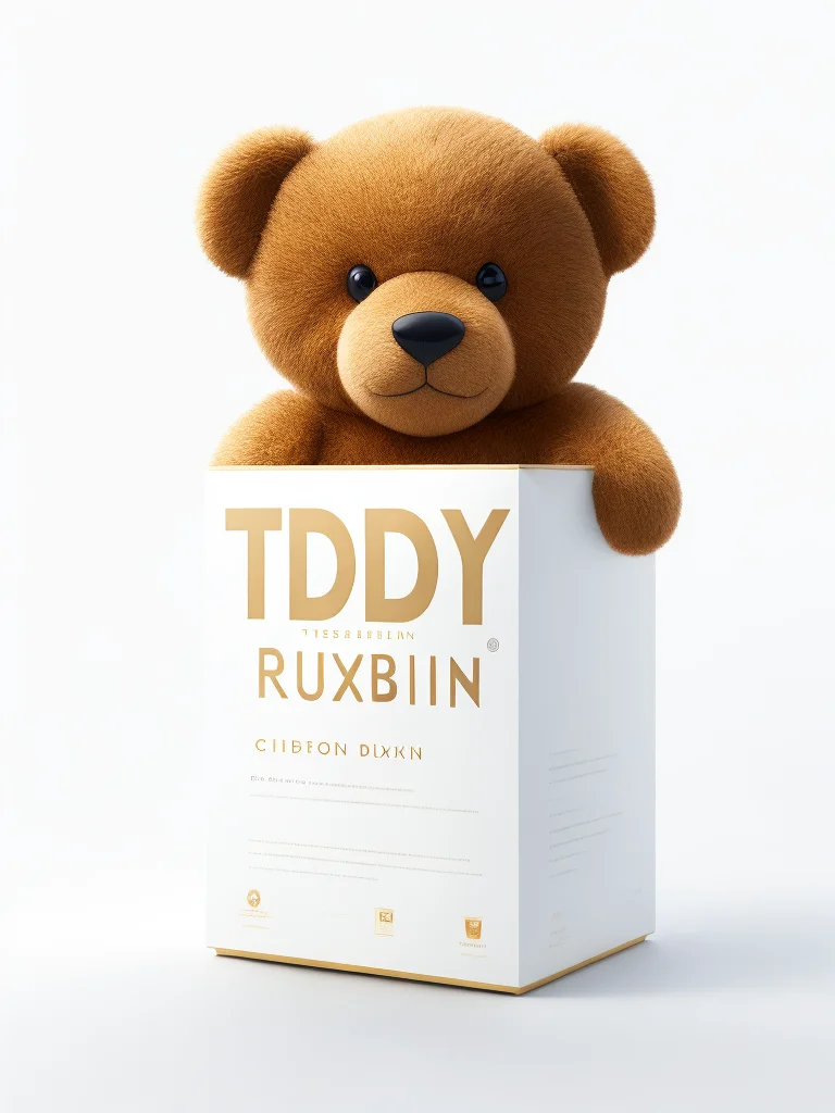 to8highkey style product shot of teddy ruxbin isolated against a white background, product packaging, knelling, matte, octane, unreal