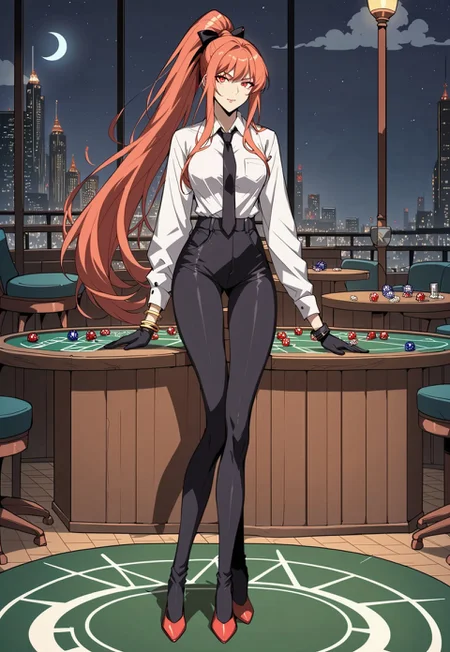 safe_pos, score_9, score_8_up, score_7_up, 1girl, night, indoor, in a casinò, full body, dynamic shot, from high, long legs standing behing a poker table, green table, solo, dynamic pose, Feng Ling, orange hair, red eyes, medium breast, long hair, ponytail, black pants, white shirt, long sleves shirt, black gilet, black neck tie, red heels, gold slim bracelets, black gloves, looking at the viewer, long legs, nice legs, white hips ultra detailed, masterpiece, <lora:add-detail-xl:1>, <lora:StS_PonyXL_Detail_Slider_v1.4_iteration_3:4>