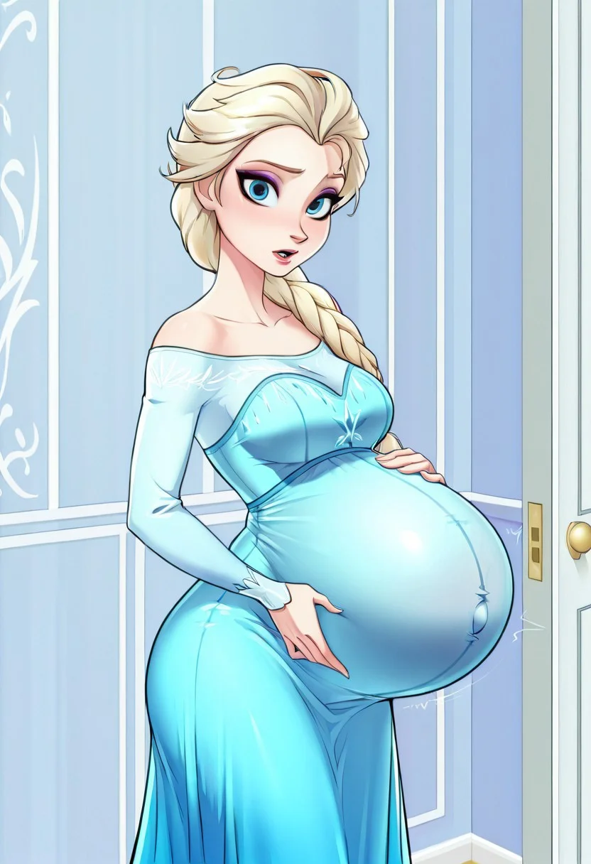 1girl, ElsaXL,blonde hair, blue eyes, single braid, hair over shoulder, makeup,,, masterpiece, best quality, amazing quality, absurdres, very large pregnant, looking at viewer, open seduce mouth, lips,own wide
on living room
blue dress, bare shoulders, long sleeves, long skirt, dress tightly
holding with difficult her massive form , huge bumping move, date moment,
(2girls in belly)