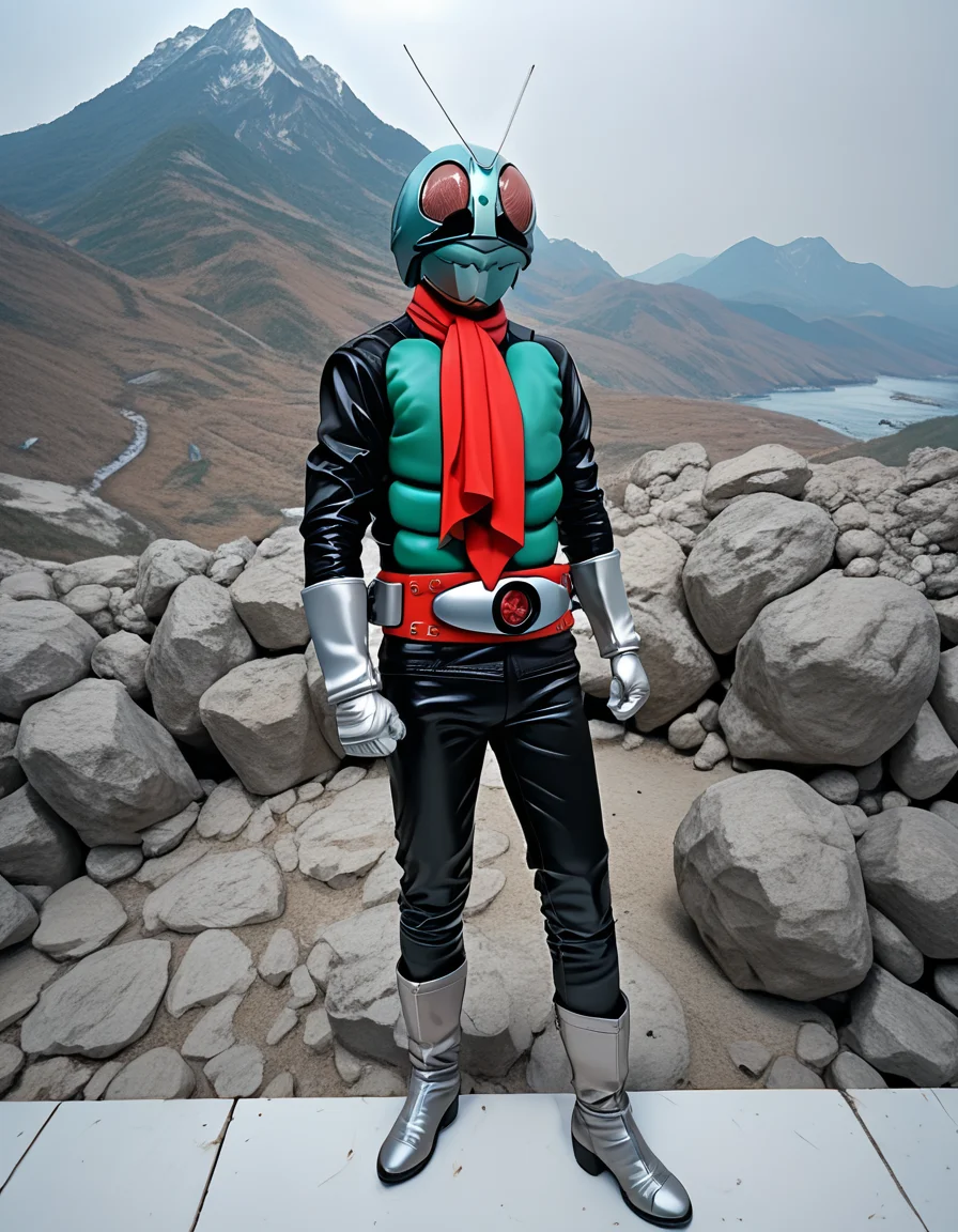 score_9, score_8_up, score_7_up, source_real,realistic, photorealistic, BREAK <lora:detailed_notrigger:1> <lora:zy_Detailed_Backgrounds_v1:1> extremely detailed, detailed background,
 <lora:BDpony_KamenRider1_V1-5696:0.9>, KamenRider1_HongoTakeshi, 1boy, male focus, solo, helmet, boots, rider belt, antennae, gloves, tokusatsu, belt, scarf, standing, white gloves, clenched hand, full body, grey footwear, shadow, mask, outdoor, Mountain