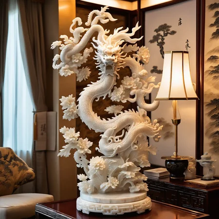 alabaster stone sculpture, artistic, chinese, masterpiece, chinese dragon lighting, chrysanthemum around, intricate shapes, in an elegant Chinese room