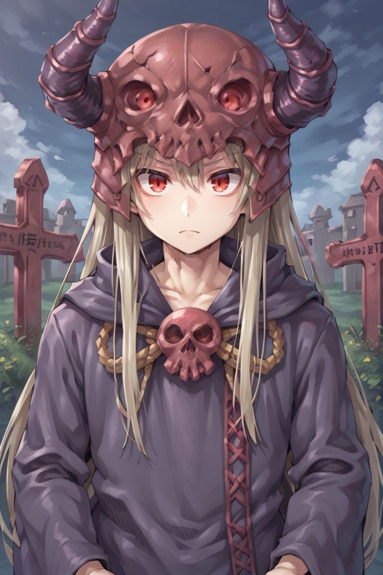 (score_9, score_8_up, score_7_up, score_6_up), source anime, BREAK, <lora:Necromancer:0.85> , necdef, 1boy, red eyes, long hair,  grey hair, horned helmet, skull brooch, (robe), looking at viewer, solo, serious, (portrait), close-up, outdoors, graveyard, night,  <lora:backgroundsetXL:0.4> , background,  <lora:y0tt4:0.6> , y0tt4,