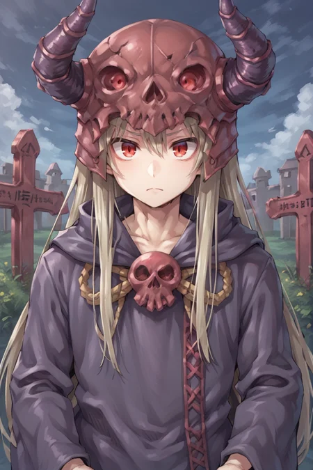 (score_9, score_8_up, score_7_up, score_6_up), source anime, BREAK, <lora:Necromancer:0.85> , necdef, 1boy, red eyes, long hair, grey hair, horned helmet, skull brooch, (robe), looking at viewer, solo, serious, (portrait), close-up, outdoors, graveyard, night, <lora:backgroundsetXL:0.4> , background, <lora:y0tt4:0.6> , y0tt4,