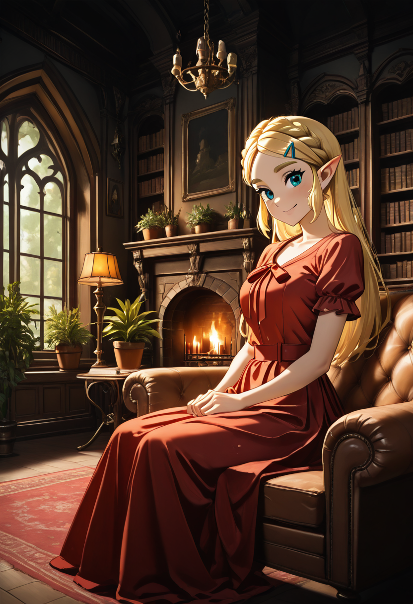 masterpiece, best quality, 1girl, solo, eyelashes, (beautiful eyes), detailed face, head tilt, side view, detailed window, sitting,    d4rk4c4dem1a, chair, table, fire, plant, couch, bookshelf, potted plant, lamp, candle, candlestand, chandelier, fireplace, book,   red dress, crown braid, princess zelda, smile, close up,   ,<lora:DarkAcademia_IXL:0.8>,