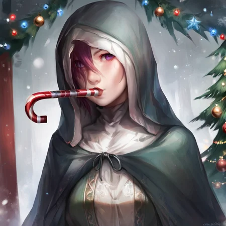 full body,1girl,solo,upper body,
<lora:sisterfriede:1>,hooded cape,dress,hood down,purple eyes,red hair,hair over eye,hair between eyes,looking at viewer,sucking on a candy cane,christmas,christmas tree,, (score_9,score_8_up,score_7_up), anime style, beautiful detailed skin, beautiful eyes, detailed face, best quality, high quality,