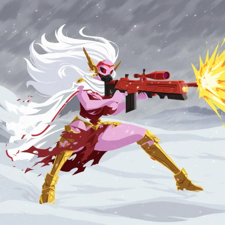 masterpiece, best quality, foreshortening, minimalism, no lineart, flat colors, 1girl, solo,  <lora:Chronoa_time_power_unleashed:0.6> chtropnuoa, colored skin, pink skin, long hair, white hair, circlet, red circlet, black sclera, colored sclera, red eyes, yellow earrings, potara earrings, large breasts, torn clothes, headgear, visor, white cloak, armored boots, weapon, science fiction, outdoors, snowing, overcast, blizzard, wind, muzzle flash, firing, holding, holding weapon, sniper rifle, serious, huge weapon, on one knee
