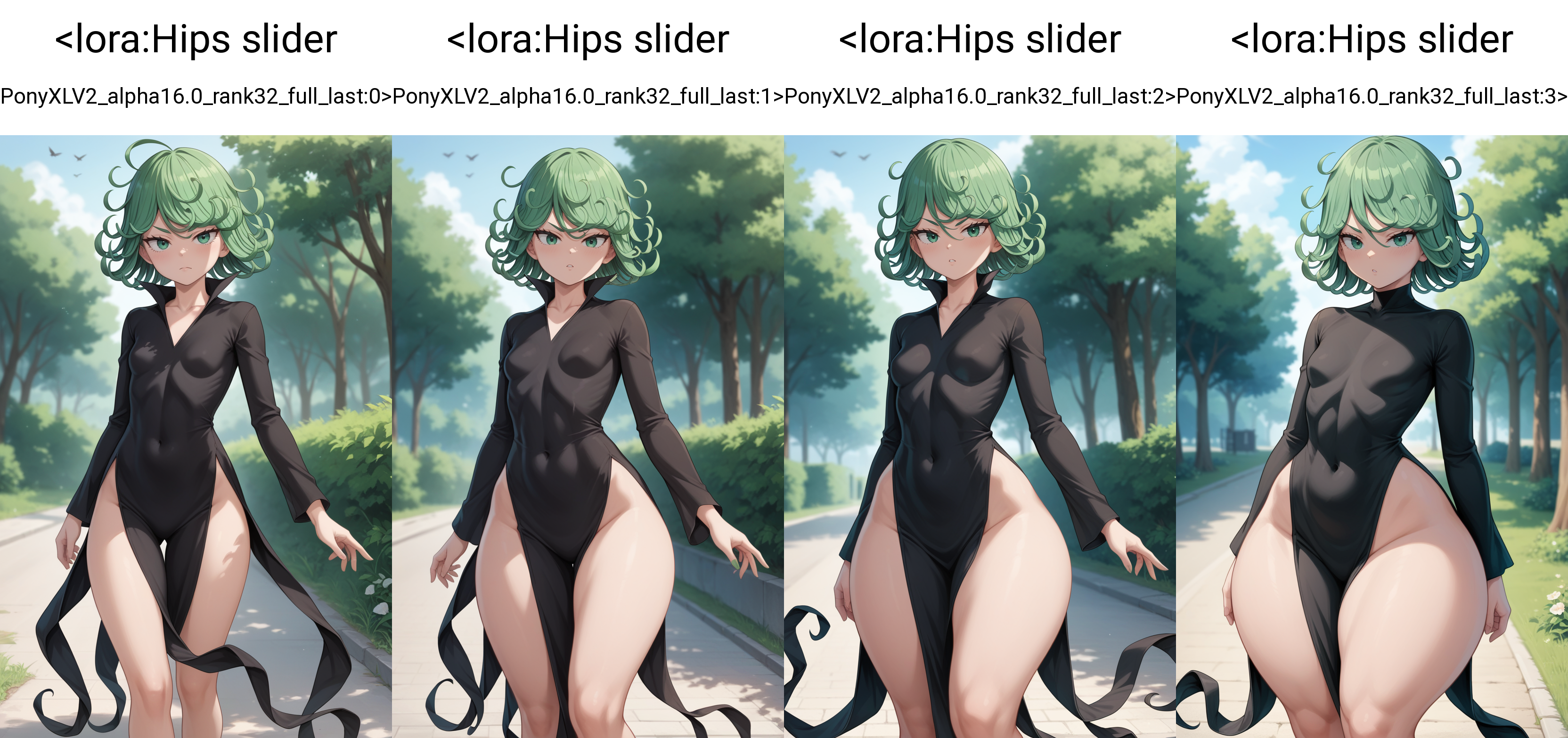 score_9, score_7_up, 1girl,  tatsumaki,outdoors, black dress,     <lora:Hips slider PonyXLV2_alpha16.0_rank32_full_last:0>