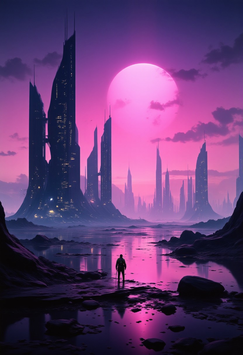 detailed photorealistic image, gradient of vibrant neon colours, skyscrapers around a futuristic  port city, harbour, futuristic ships, sunset, reflection, mist
