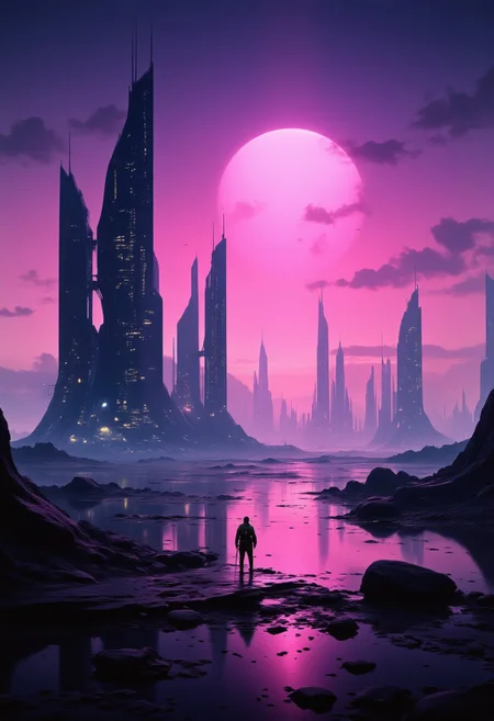 detailed photorealistic image, gradient of vibrant neon colours, skyscrapers around a futuristic  port city, harbour, futuristic ships, sunset, reflection, mist