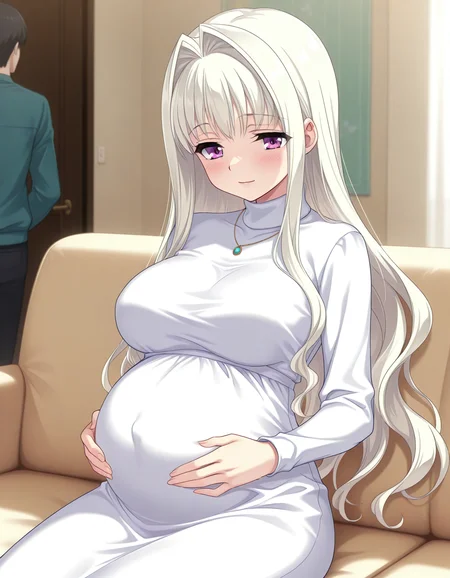 <lora:Charles:0.8> yoshino-charles, large breasts, white hair, hair intakes, very long hair, purple eyes
1girl, pregnant, turtleneck dress, necklace,
living room, coach, sitting, hand on belly, light smile, blush, looking at own belly, Smooth Quality, uncensored,