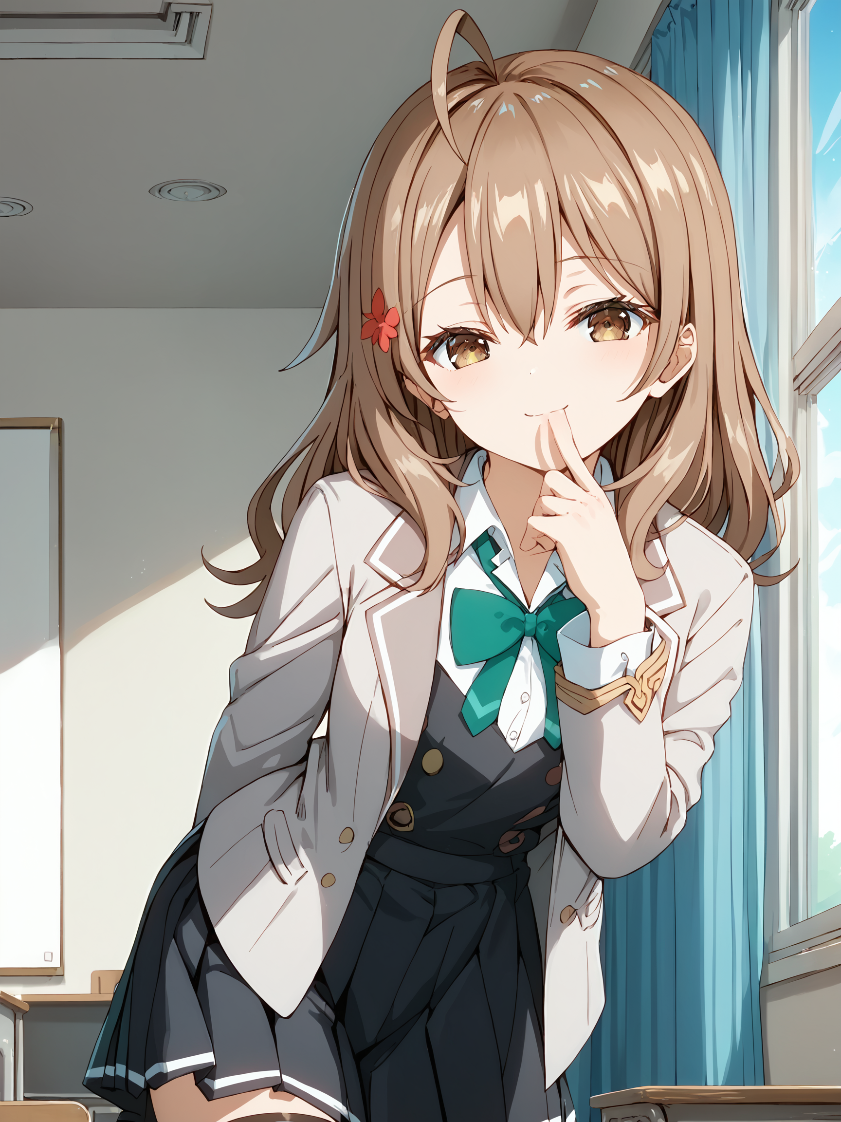 score_9, score_8_up, score_7_up, source_anime,
1girl, solo, looking at viewer, cowboy shot, indoors, classroom, windows, windows, blue sky, inviting,
light smile, leaning forward, arms at back, hand to mouth,
masha_ane, long hair, brown hair, ahoge, hair between eyes, hair red flower, hair ornament, brown eyes,
school uniform, grey jacket, open jacket, long sleeves, green bow, white shirt, collared shirt, black vest, button, black dress, black thighhighs,
<lora:hinaAlyaMashaYuki_wifu_v2:1>